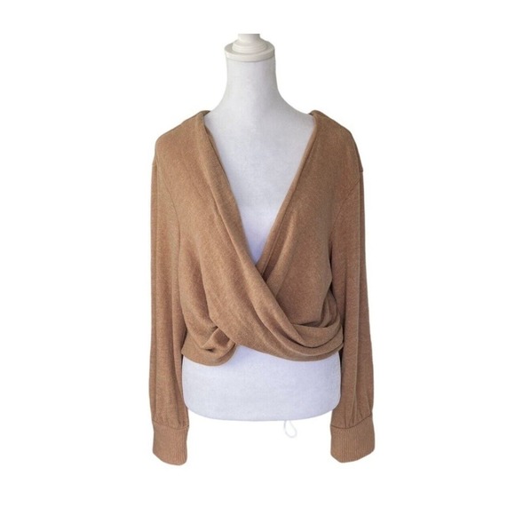 Anthropologie Sweaters - Anthropologie Womens Sweater Large Tan Neutral Long Sleeve Surplice Faux Wrap